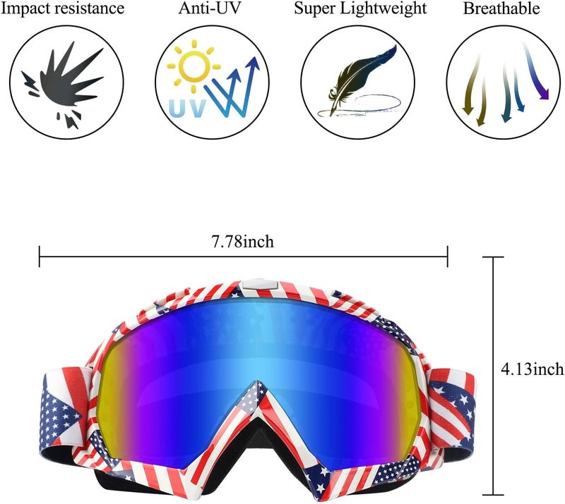 XYOP Motorcycle Goggles 2 Pack ATV Dirt Bike Motocross Goggles MX Riding Goggels UTV Helmet Goggles Offroad Goggle UV400 Windproof Powersports Goggle for Adults Youth Kids（Flag&Black Frame+Color Lens） - Image 3